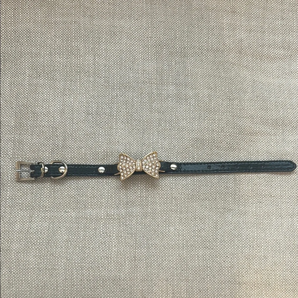 Black Leather pet collar with Gold Bow